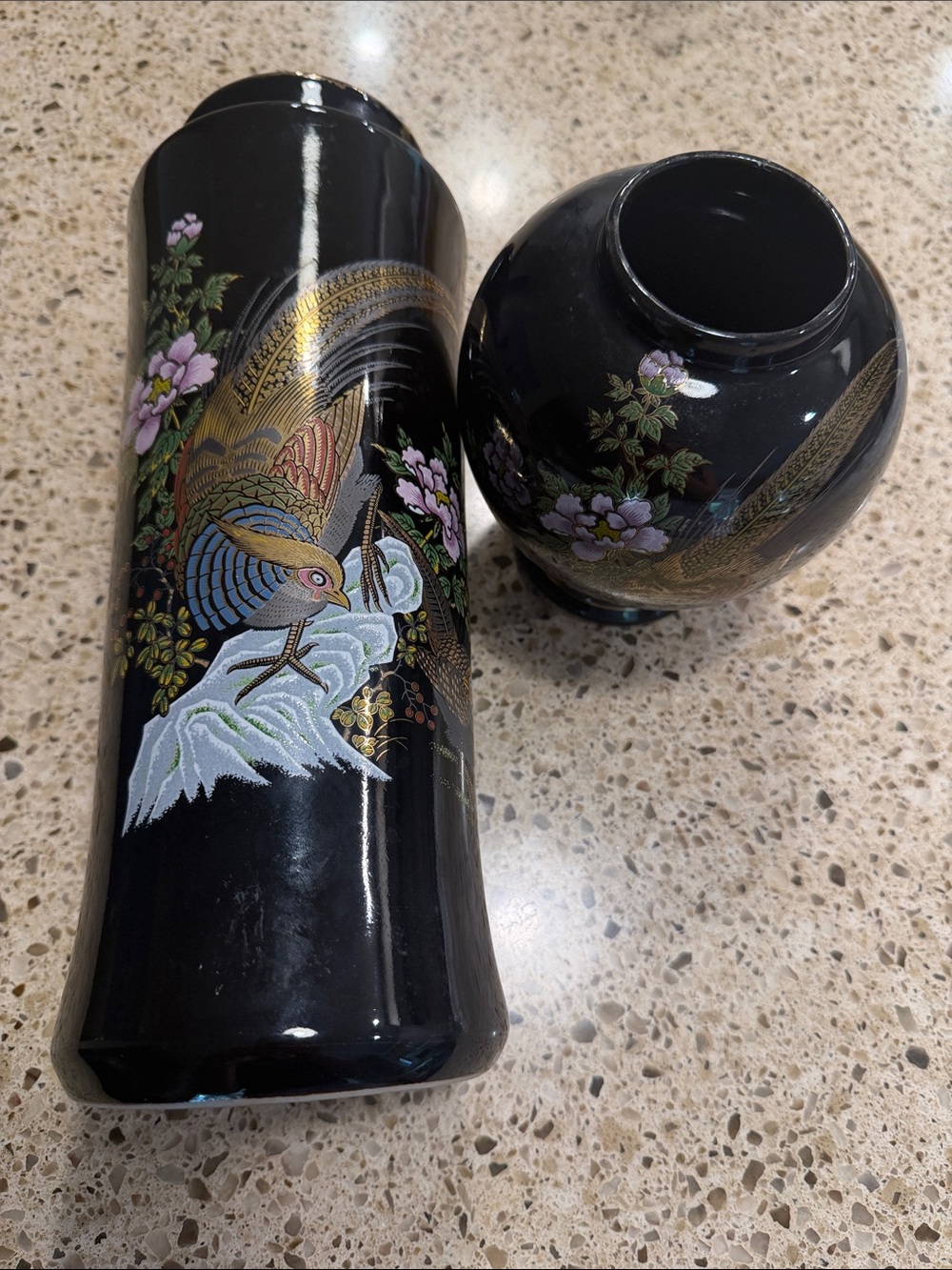 Black Lacquered Vase Set with Gold & Pastel Bird Motif Peacock